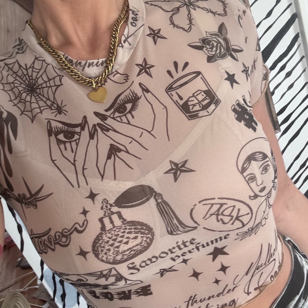 Graphic Print Beige Women's Top Sheer